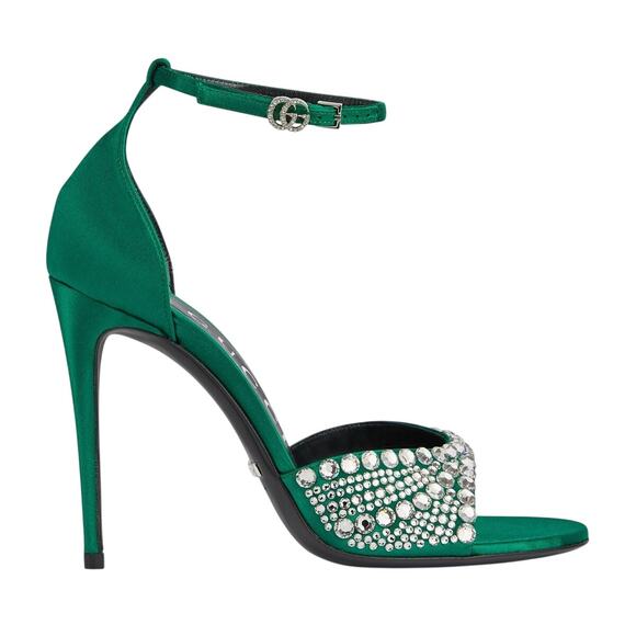 GUCCI Women's Satin High Heel Sandals with Crystals Size 37.5 US 7.5 Green New - Picture 1 of 16